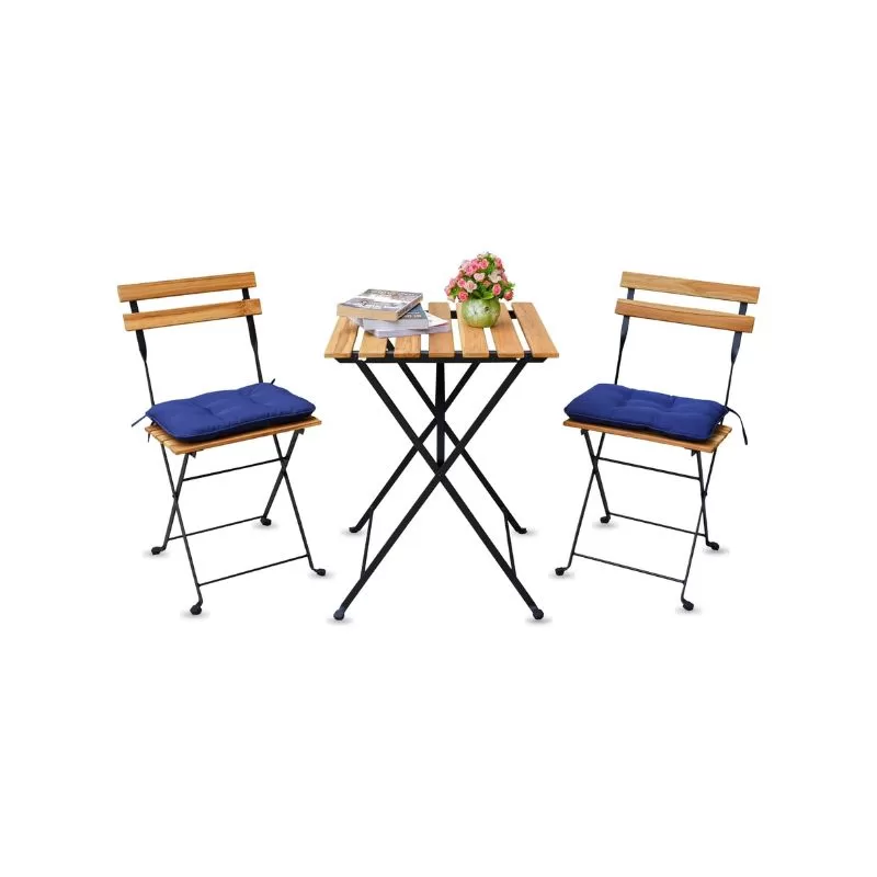 Bistro Set For Outdoors Natural with Blue Cushion
